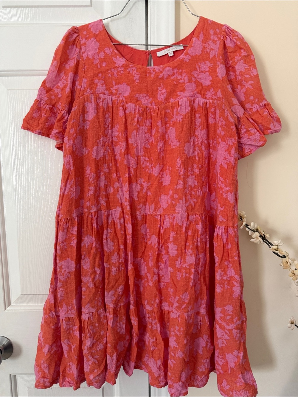 Olivaceous Red and Pink Floral Short-Sleeve Tiered Dress